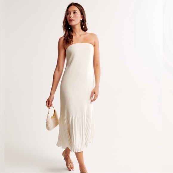 Abercrombie & Fitch Women’s Pleated Crinkle Strapless Midi Dress Cream Medium - Picture 1 of 13